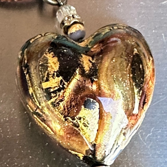 Heart Pendant Necklace Puffy Blown Art Glass Metallic Brown 16-18’ Chain 5518 G - Picture 2 of 10